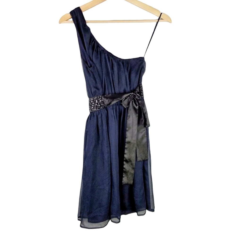 Miso Navy Blue Sleeveless One Shoulder Chiffon Mini Dress Size UK 10 US 8